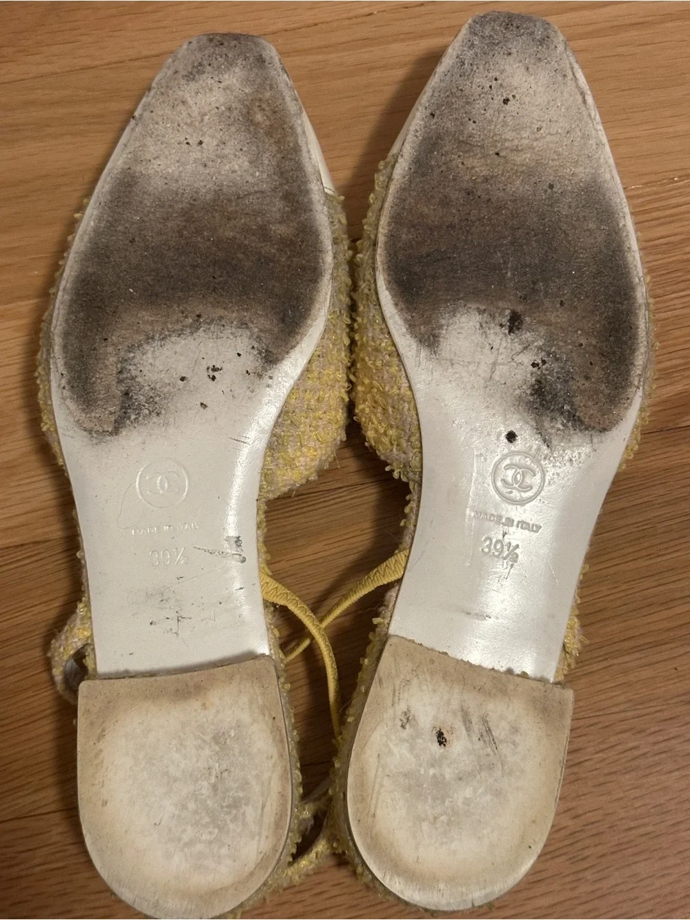 CHANEL Yellow Tweed and White Cap-Toe Slingback Mules